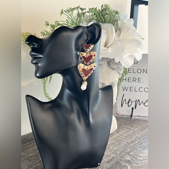 Bold Multi-Heart Statement Earrings with Colorful Gems and Pearl Drop - Picture 6 of 7